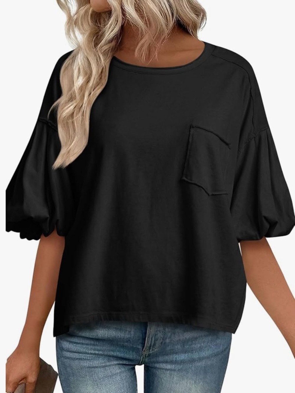 Cicy Bell | Relaxed Black Puff-Sleeve Blouse